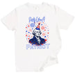 George Washington ‘Party Like a Patriot’ shirt in white, bust with party hat, fireworks and sparkles background, patriotic Independence Day tee.