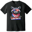 Funny July 4th t-shirt in black featuring raccoon with sunglasses and bandana, ‘Stay Trashy America’ patriotic graphic tee.