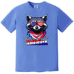 Funny raccoon patriotic t-shirt in blue with ‘Stay Trashy America’ text, sunglasses and flag bandana design for July 4th parties.”