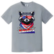 Raccoon patriotic t-shirt in gray with ‘Stay Trashy America’ text, sunglasses and flag bandana design, humorous Independence Day shirt.