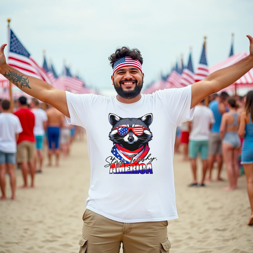 Male model wearing white ‘Stay Trashy America’ t-shirt outdoors, raccoon with sunglasses and bandana graphic, funny July 4th party vibe.