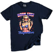 Born Free But Now I’m Expensive patriotic t-shirt in navy, bold retro pinup girl graphic with sunglasses and patriotic outfit, Independence Day party tee.
