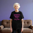 Woman wearing black ‘70 Years of Being Fucking Fabulous’ birthday t-shirt with bold pink mixed-font lettering, confident and playful 70th birthday celebration vibe.