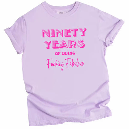 90 Years of Being Fucking Fabulous women’s birthday t-shirt in purple, layered pink mixed-font lettering, fun and cheeky milestone 90th birthday graphic tee