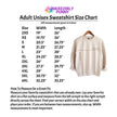 An adult unisex sweatshirt size chart from Inkredibly Punny, showing a size table with width and length measurements in inches from XS to 6XL, alongside a photo of a cream sweatshirt on a hanger and fitting instructions.