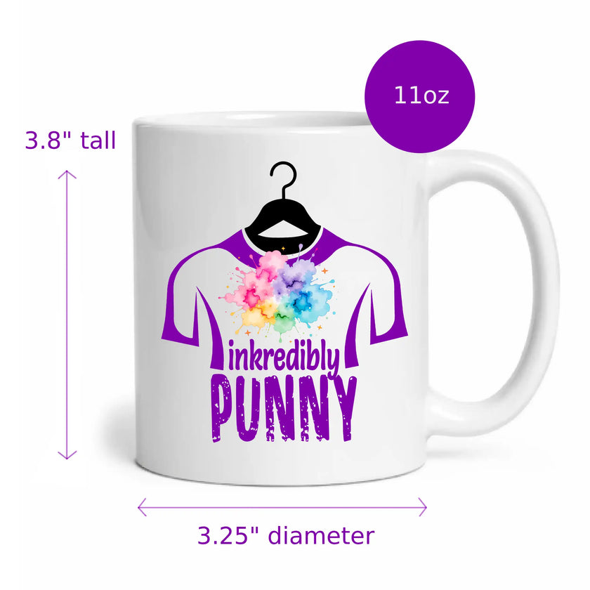 White ceramic coffee mug from Inkredibly Punny Buffalo apparel company showing company logo and height and diameter measurements of the mug for size reference.