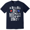 Navy Buffalo football t-shirt featuring the game-day chant ‘A Little Bit Louder Now’ in bold magazine cutout lettering with a small red and blue buffalo graphic.