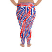 Rear view of plus size Buffalo football leggings highlighting the signature stripe pattern, vibrant colors, and sleek fitted silhouette.
