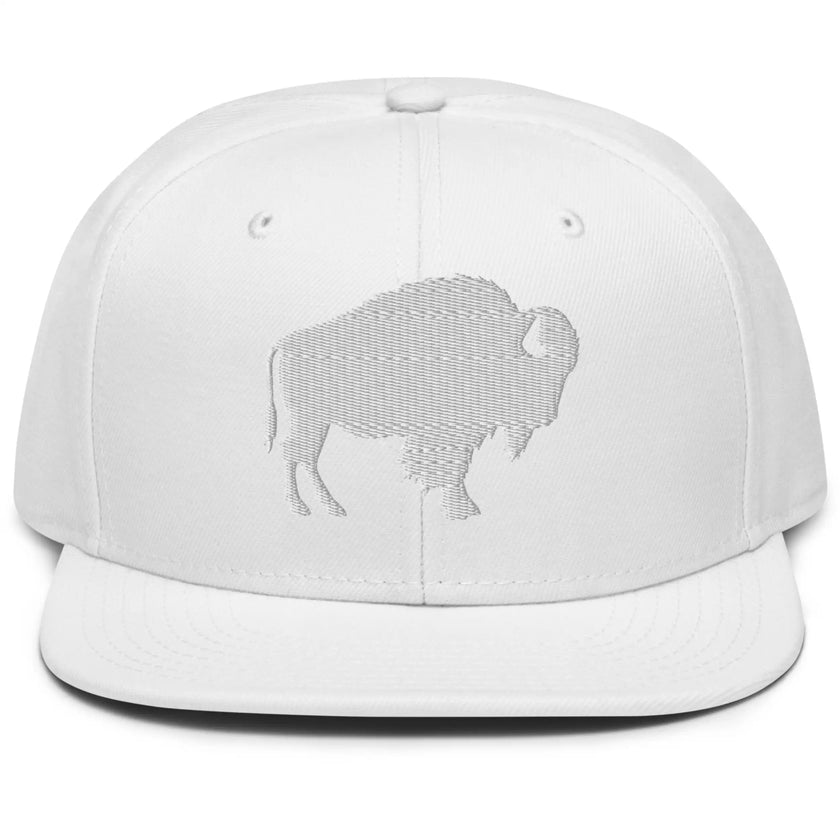 All-white Buffalo football hat featuring sleek tonal embroidery with a white buffalo silhouette on a crisp white cap, clean minimalist fan style.