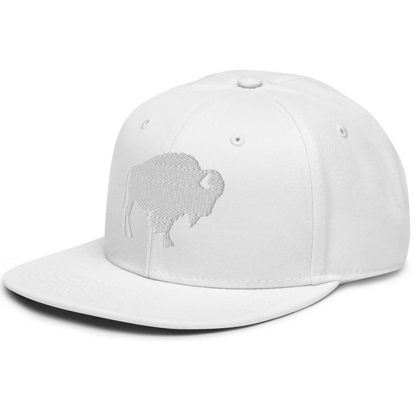 Left side view of an all-white Buffalo football cap featuring tonal white buffalo embroidery for a refined minimalist look.