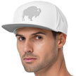 Man wearing a monochrome white Buffalo football cap with subtle white embroidered buffalo silhouette, premium everyday hat with modern understated style.