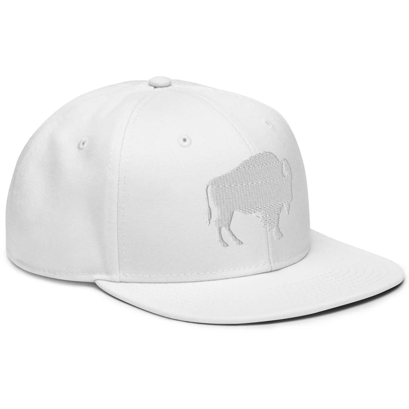 Right side view of a monochromatic Buffalo football hat with subtle white-on-white buffalo silhouette embroidery and modern premium styling.