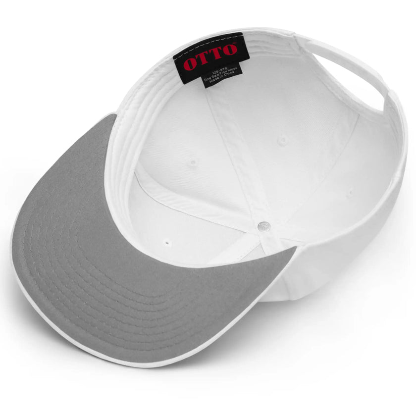 Underside view of a premium white Buffalo football hat showing the curved grey brim construction and clean all-white design details.
