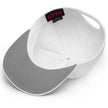 Underside view of a premium white Buffalo football hat showing the curved grey brim construction and clean all-white design details.