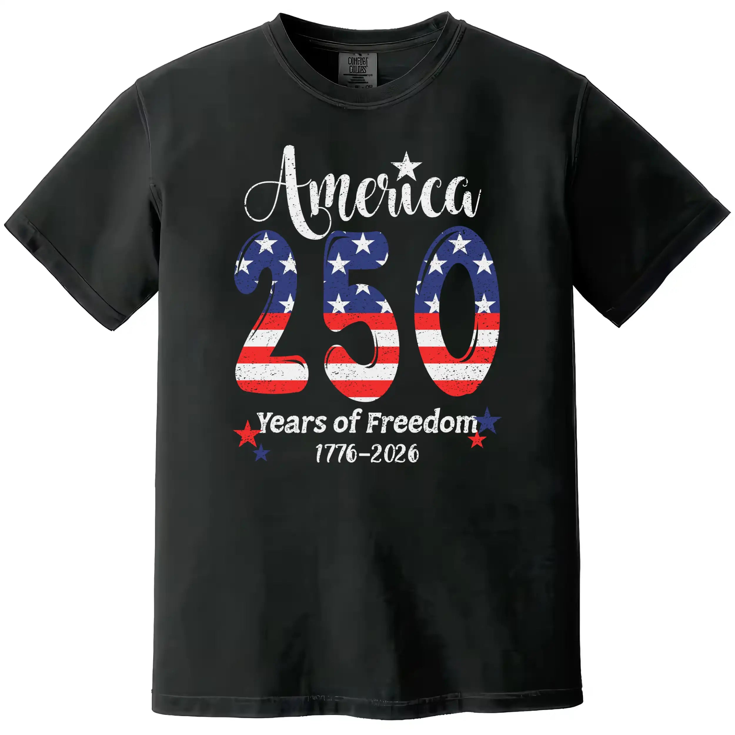 Patriotic 250 years of freedom graphic tee in black, bold flag-filled 250 design with sparkles and celebratory lettering.