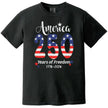 Patriotic 250 years of freedom graphic tee in black, bold flag-filled 250 design with sparkles and celebratory lettering.
