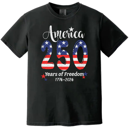 Patriotic 250 years of freedom graphic tee in black, bold flag-filled 250 design with sparkles and celebratory lettering.