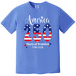 America 250 celebration t-shirt in blue, large 250 American flag pattern with star accents and ‘years of freedom’ lettering.