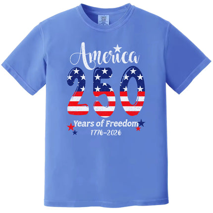 America 250 celebration t-shirt in blue, large 250 American flag pattern with star accents and ‘years of freedom’ lettering.