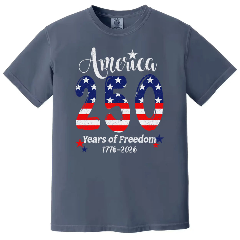 Patriotic July 4th t-shirt in dark blue, 250 flag design with sparkles and elegant America 250 years of freedom text.