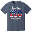 Patriotic July 4th t-shirt in dark blue, 250 flag design with sparkles and elegant America 250 years of freedom text.