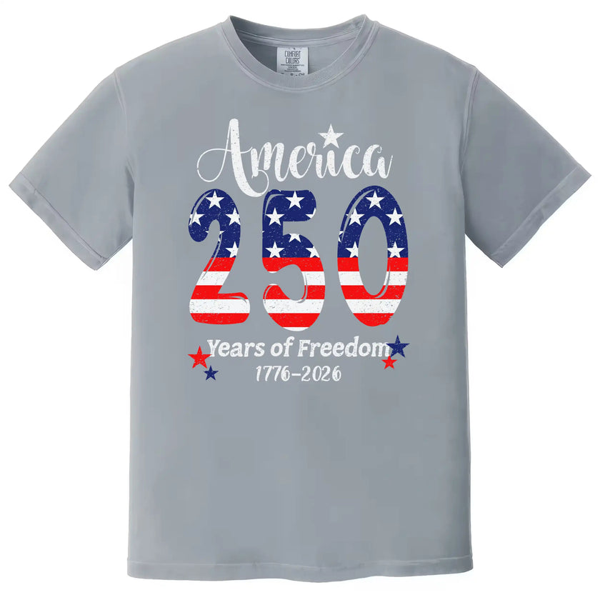 America 250 graphic tee in grey, bold 250 American flag design with star sparkles and patriotic celebration lettering.