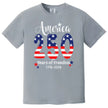 America 250 graphic tee in grey, bold 250 American flag design with star sparkles and patriotic celebration lettering.