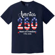 Patriotic America 250 t-shirt in navy, flag-filled 250 design with sparkles and elegant Independence Day wording.
