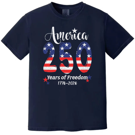 Patriotic America 250 t-shirt in navy, flag-filled 250 design with sparkles and elegant Independence Day wording.