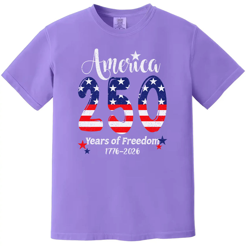America 250 years of freedom shirt in purple, large patriotic 250 flag graphic with star sparkles and celebration text.