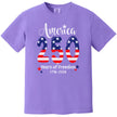 America 250 years of freedom shirt in purple, large patriotic 250 flag graphic with star sparkles and celebration text.
