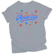 Vintage ‘America’ t-shirt in grey, distressed lettering with red white blue colorblock outline and star sparkles, retro patriotic graphic tee.