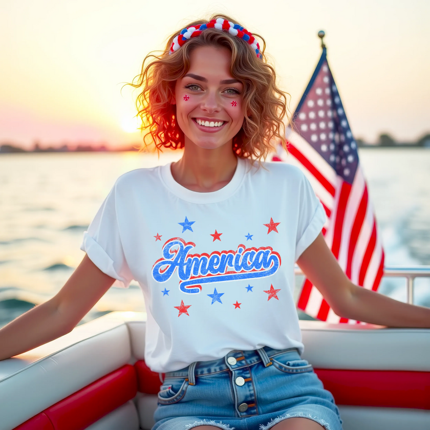 Model wearing white vintage ‘America’ t-shirt outdoors on boat, distressed red white blue lettering with star sparkles, classic patriotic summer vibe.
