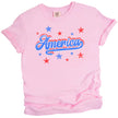 Cute vintage America shirt in pink, distressed red white blue lettering with bold outlines and star sparkle details, retro July 4th tee.