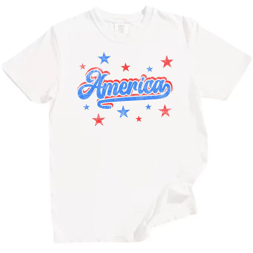Classic America t-shirt in white, retro distressed lettering with red white blue colorblock outline and star sparkles, patriotic graphic tee.