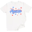 Classic America t-shirt in white, retro distressed lettering with red white blue colorblock outline and star sparkles, patriotic graphic tee.