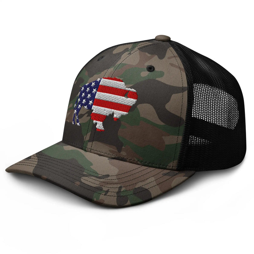 Left front view of Buffalo camo trucker hat with embroidered American flag buffalo silhouette and rugged patriotic design