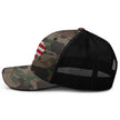 Left side view of Buffalo camo trucker hat with camouflage pattern and patriotic Buffalo city pride design.