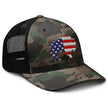 Right front view of Buffalo camo trucker hat featuring American flag buffalo silhouette embroidery and structured trucker cap style.