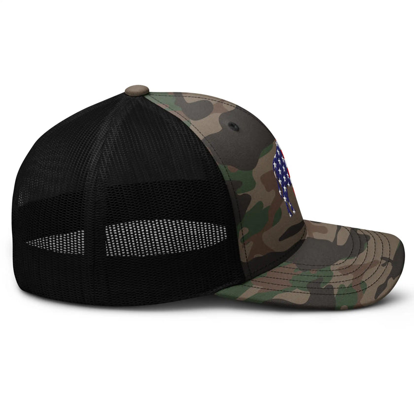 Right side view of Buffalo camo trucker hat showing camouflage trucker cap profile and mesh back construction.