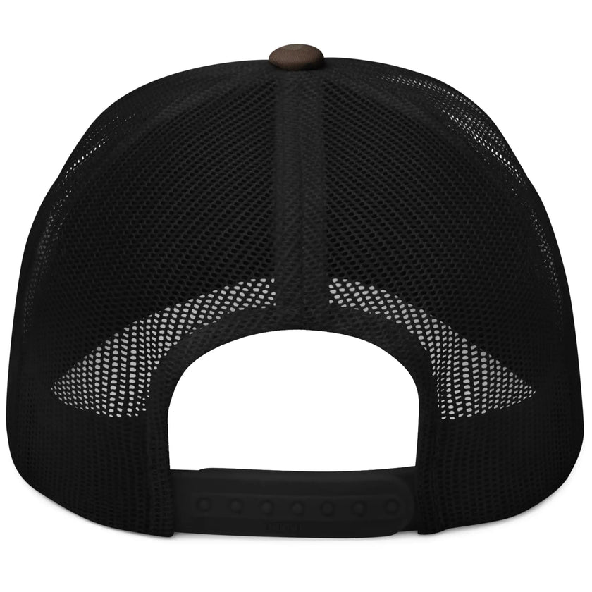 Buffalo camo trucker hat back view showing breathable mesh backing and adjustable snap closure design.