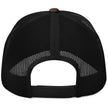 Buffalo camo trucker hat back view showing breathable mesh backing and adjustable snap closure design.