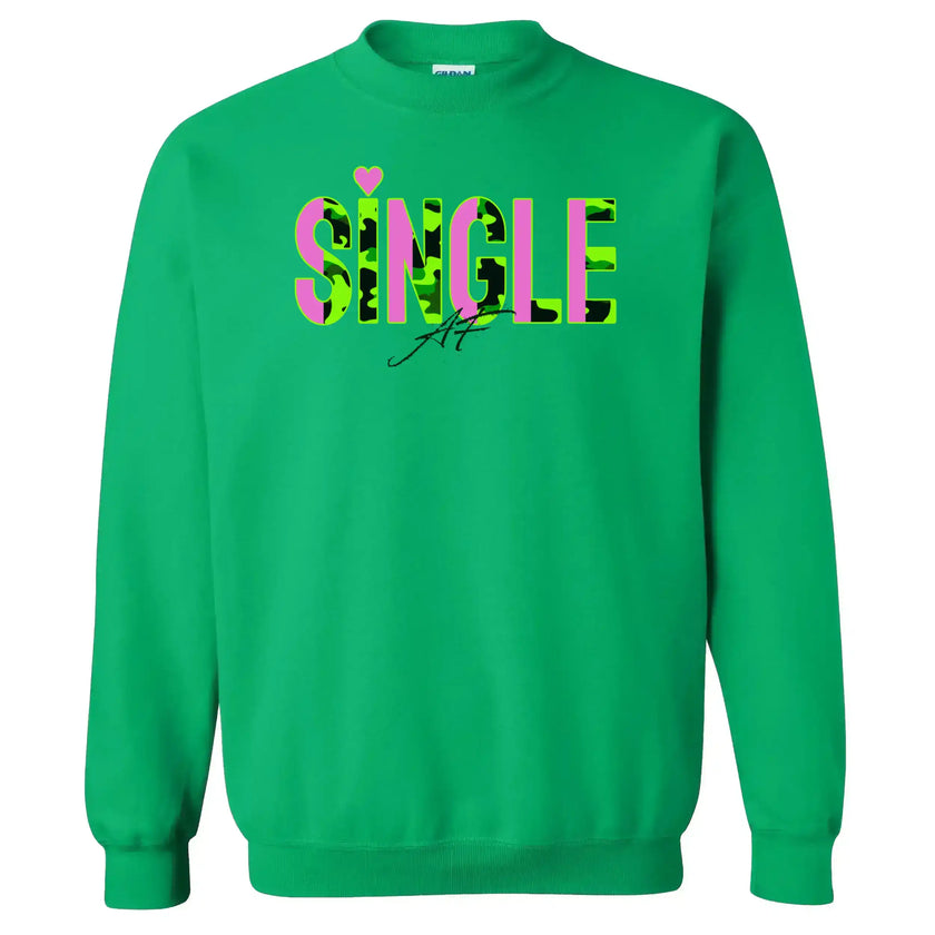 Green “Single AF” sweatshirt neatly folded on white background, bold lettering front view