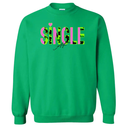 Green “Single AF” sweatshirt neatly folded on white background, bold lettering front view