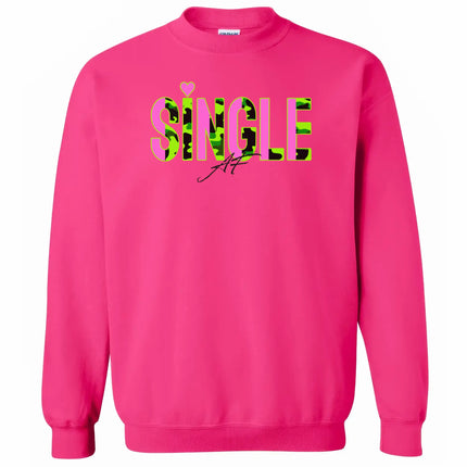 Hot pink “Single AF” camouflage sweatshirt for women flat lay on white background