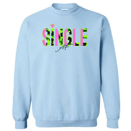 Light blue “Single AF” camo sweatshirt flat laid flat with front graphic fully visible on white background