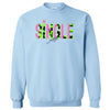 Light blue “Single AF” camo sweatshirt flat laid flat with front graphic fully visible on white background