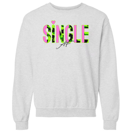 Light gray “Single AF” camo sweatshirt flat lay on white background, casual drape showing lettering