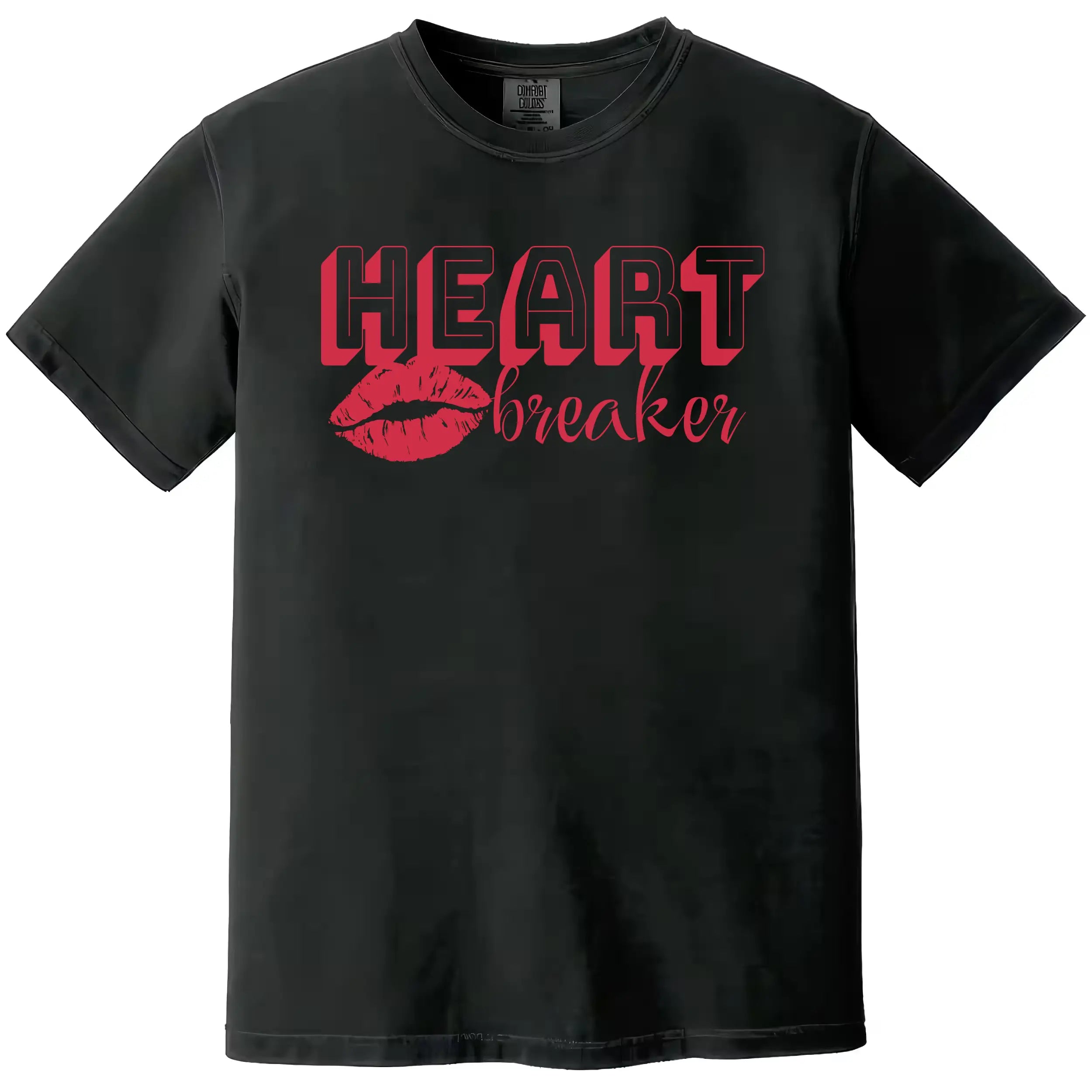 Heartbreaker Valentine shirt in retro arcade font, black tee flat lay on white background, edgy love aesthetic for women’s casual outfits