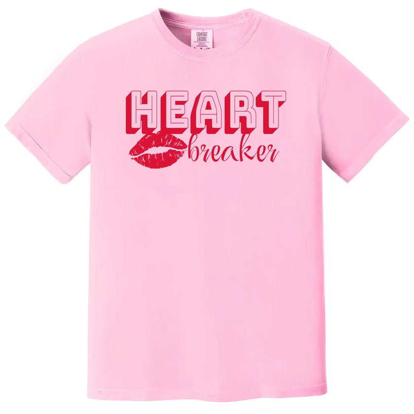 Heartbreaker Valentine’s t-shirt with retro font in red, flat lay on white background, playful love aesthetic for women, Valentine’s Day outfit